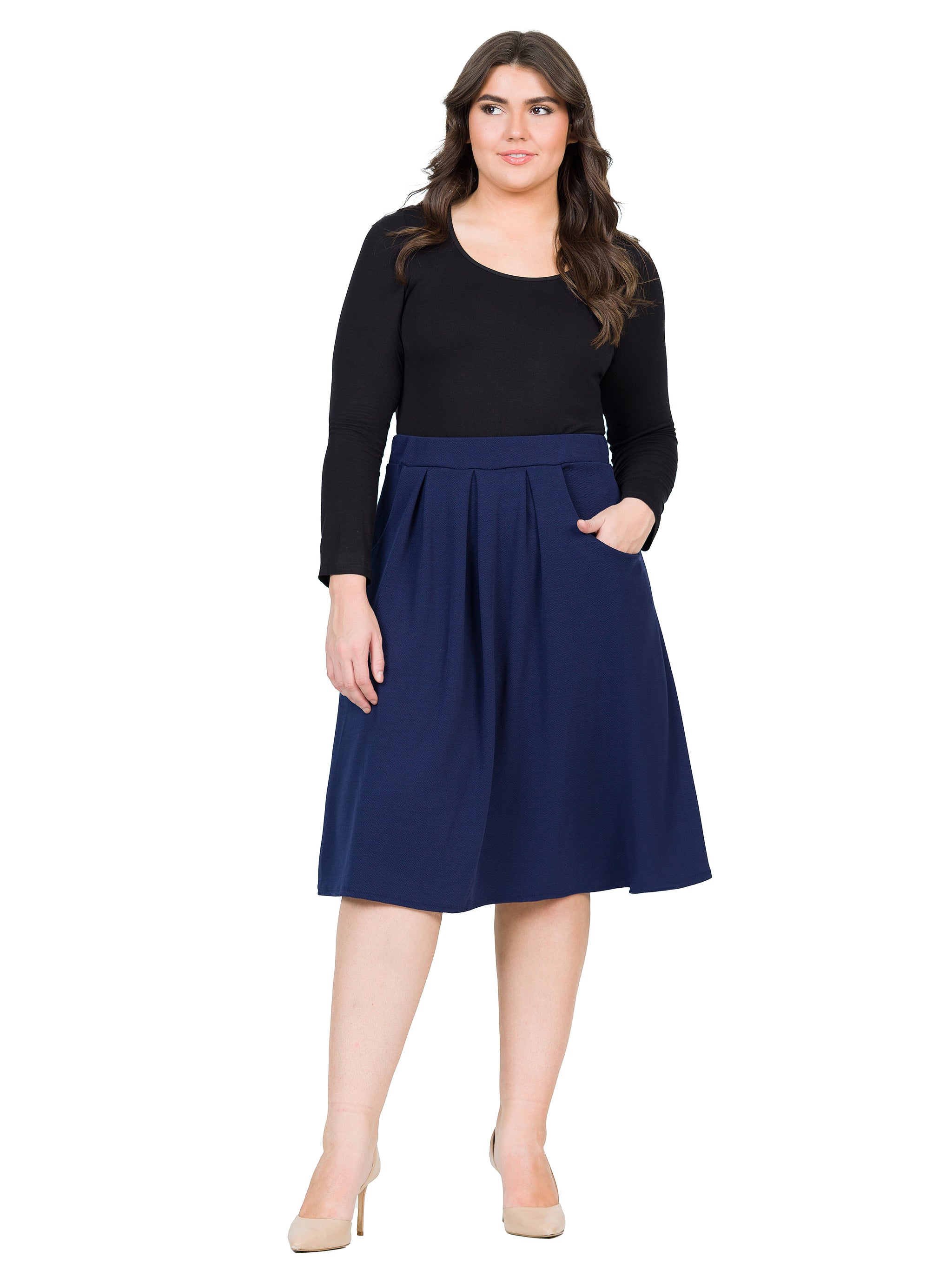 Classic Plus Size Knee Length Black Skirt With Pockets 24seven Comfort Apparel