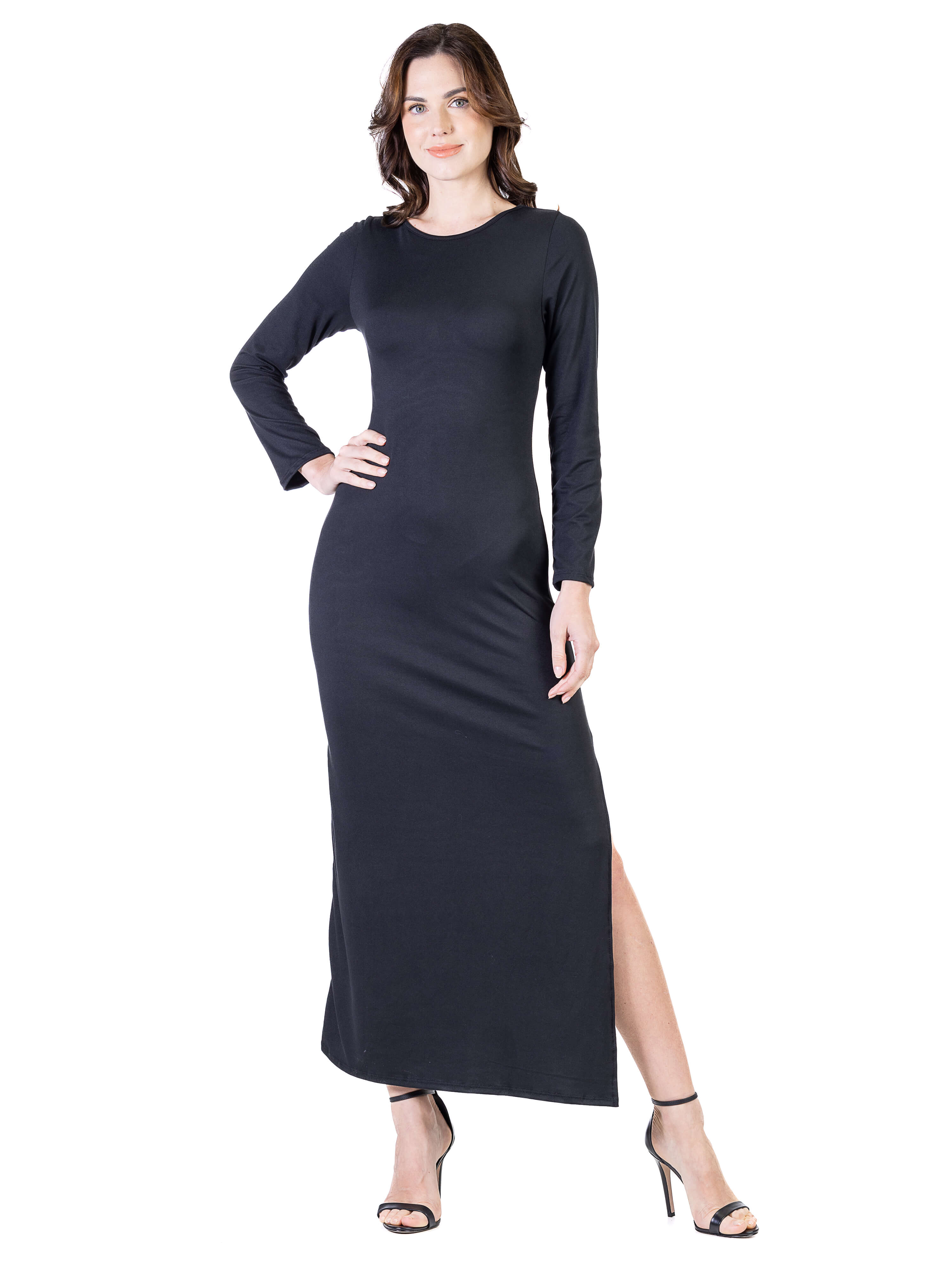  24seven Comfort Apparel Womens Long Sleeve V Neck Side Slit  Maxi Dress Black : Clothing, Shoes & Jewelry