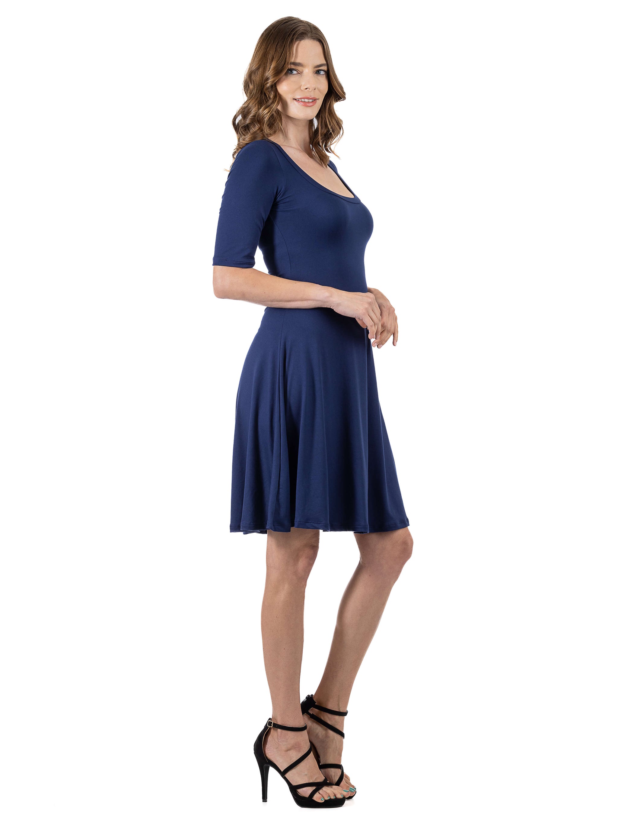 24seven Comfort Apparel A Line Knee Length Dress Elbow Length Sleeves Black XL