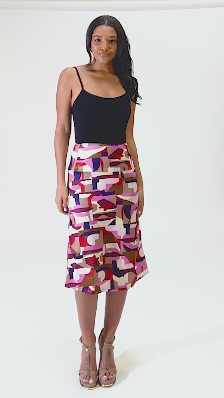 Multicolor Abstract Print Elastic Waist Below Knee Length Skirt