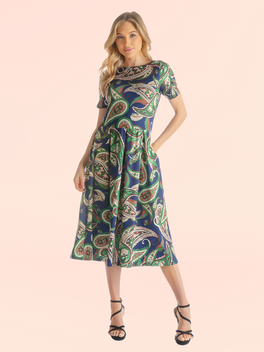 Green Paisley Short Sleeve Pleated Fit and Flare Midi Pocket Dress ...