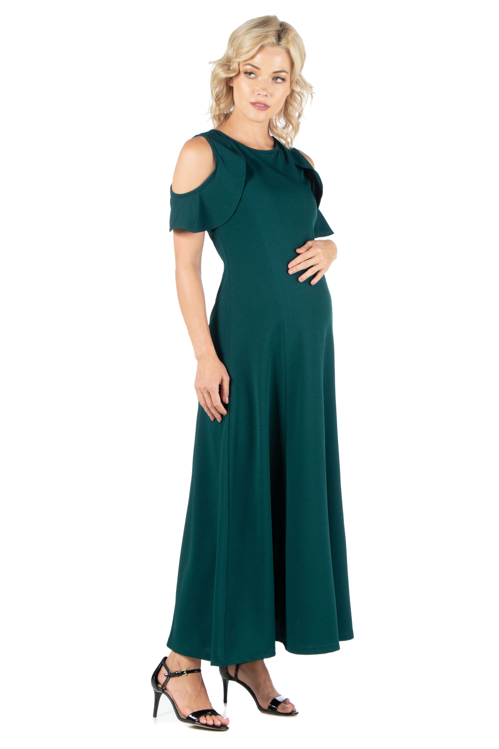 Ruffle Cold Shoulder A Line Maternity Maxi Dress