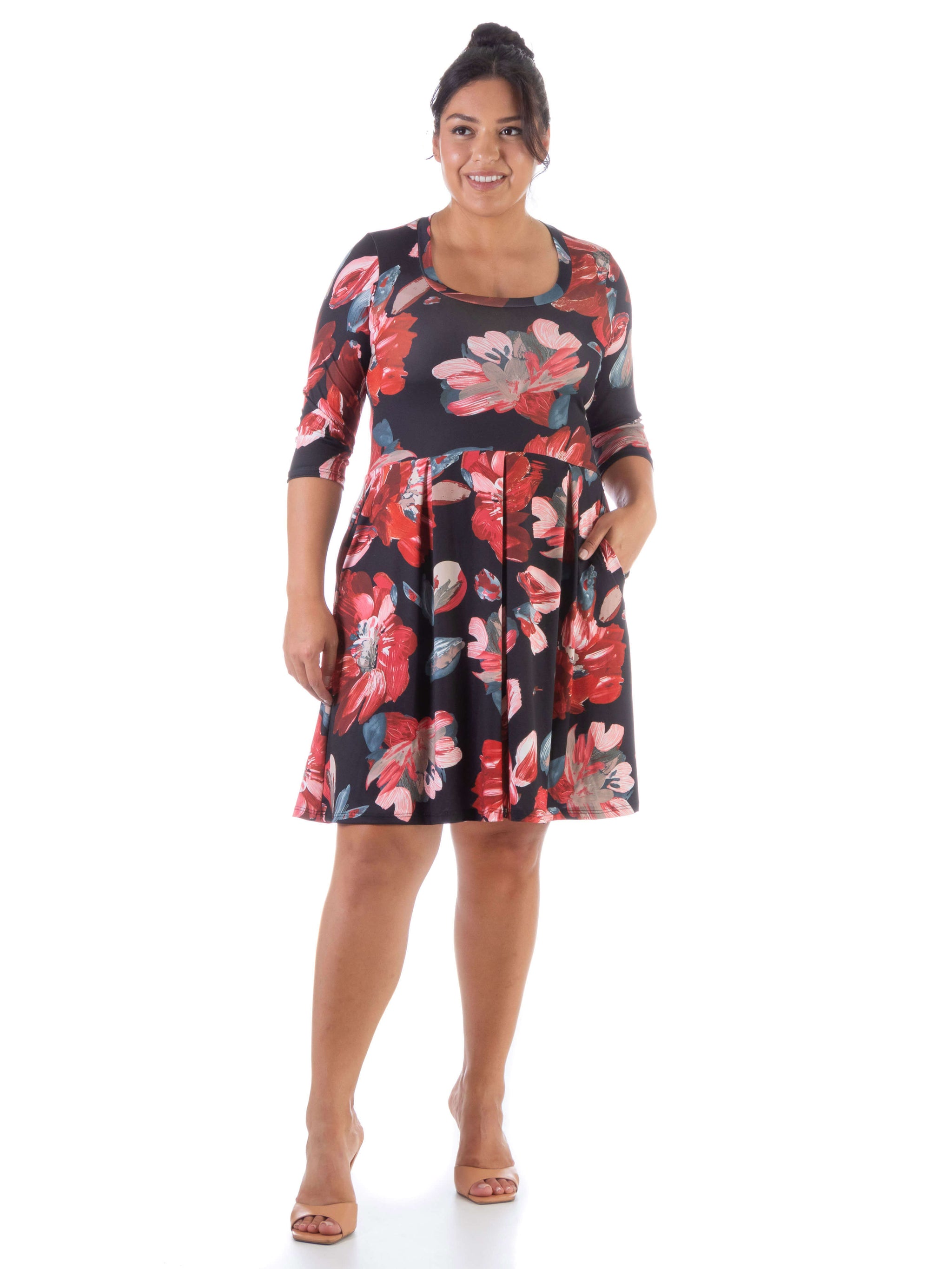 Red Floral Three Quarter Sleeve Plus Size Pleated Dress – 24seven Comfort  Apparel