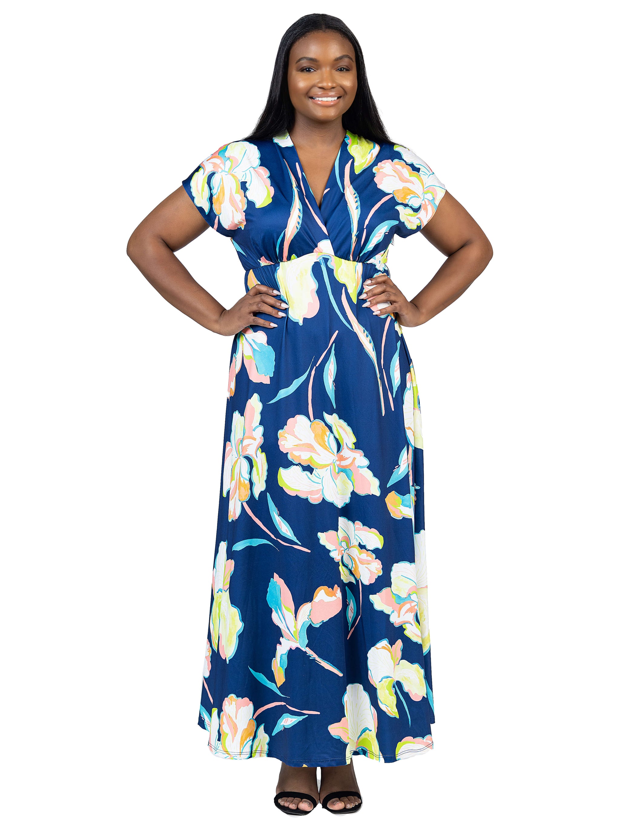 Plus Size Navy Floral Print V Neck Empire Waist Kimono Cap Sleeve Maxi 24seven Comfort Apparel