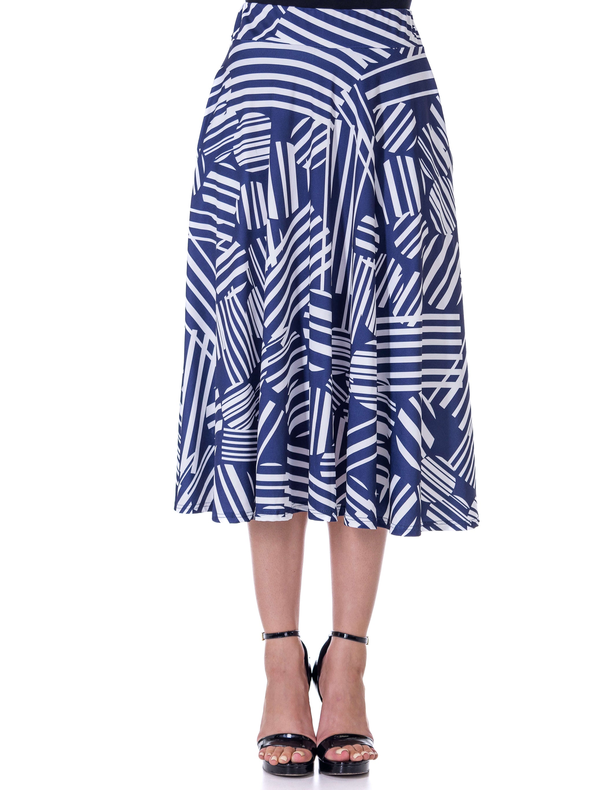 24seven Comfort Apparel Womens Navy Geometric Print Pleated Midi Skirt with Pockets Multi L