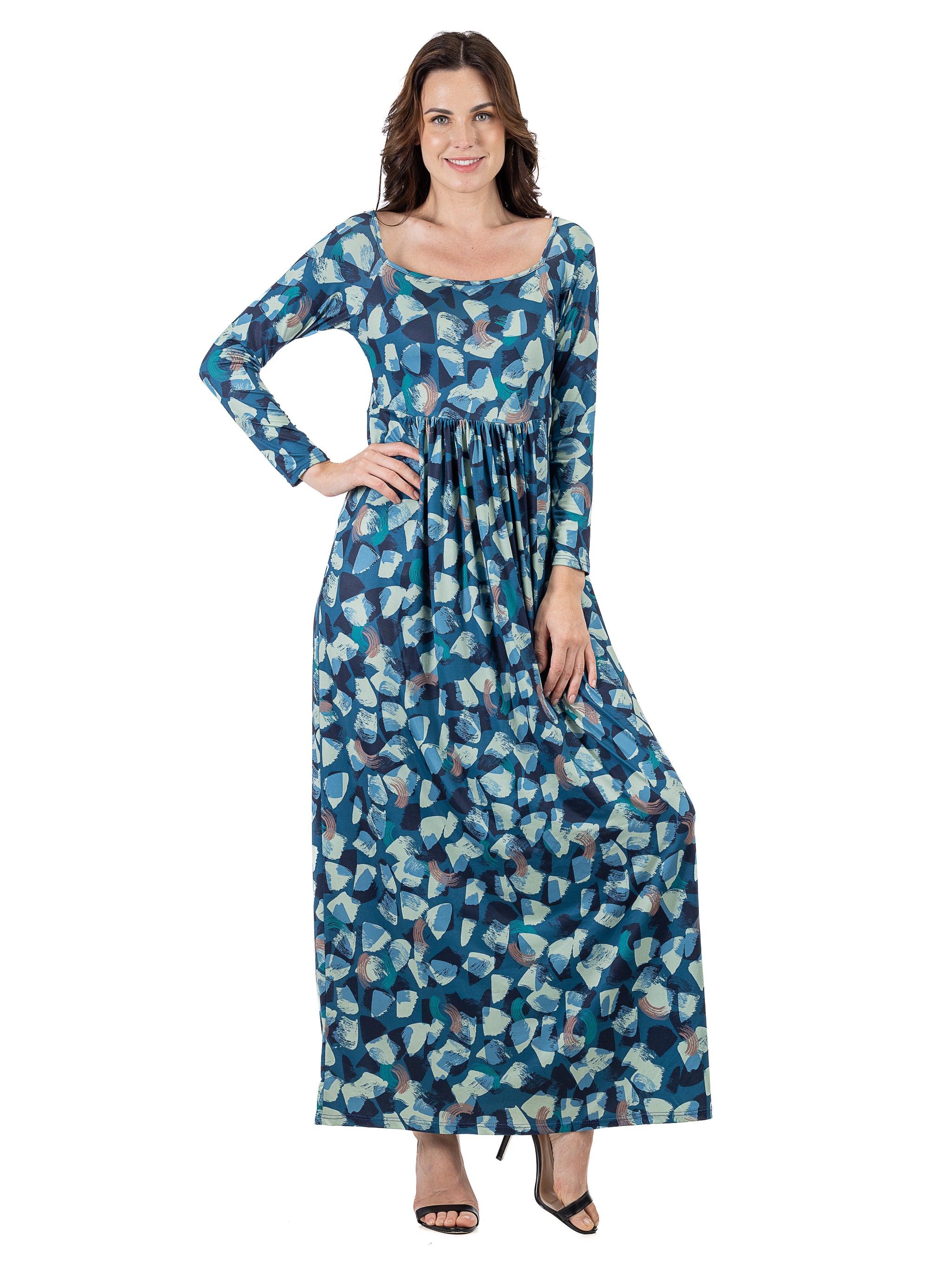 Blue Abstract Long Sleeve Pleated Maxi Dress – 24seven Comfort Apparel